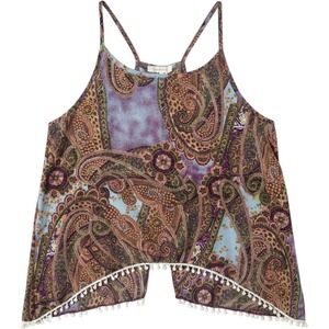 Love Blossom Paisley Tank Top Women Large Purple Boho Flowy Pom Pom Trim